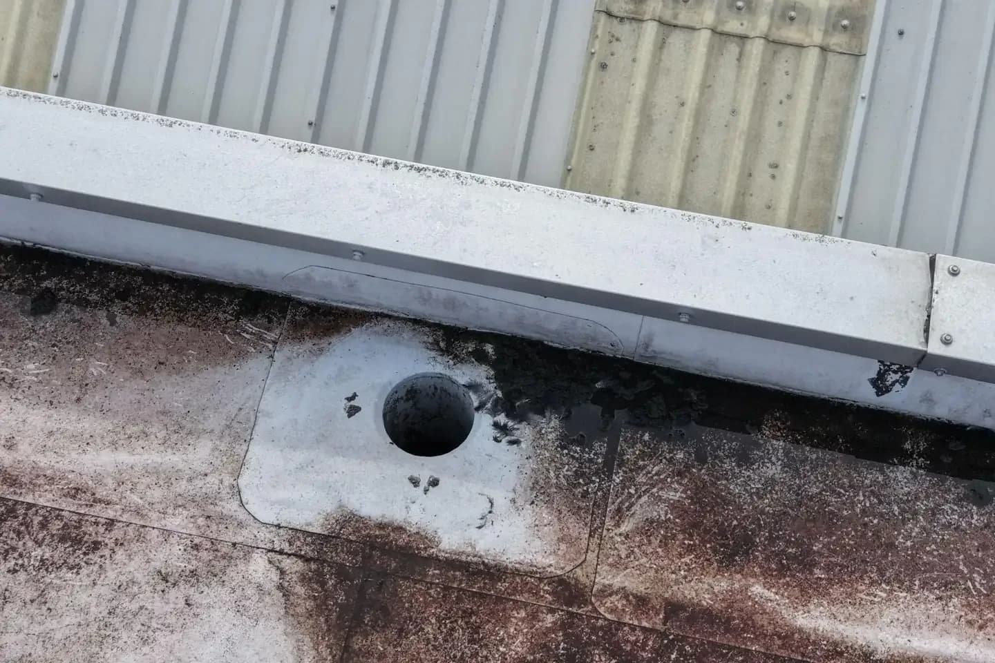 Flat roof rainwater outlet in a stained membrane beside metal capping, with dark silt and feathers gathered nearby