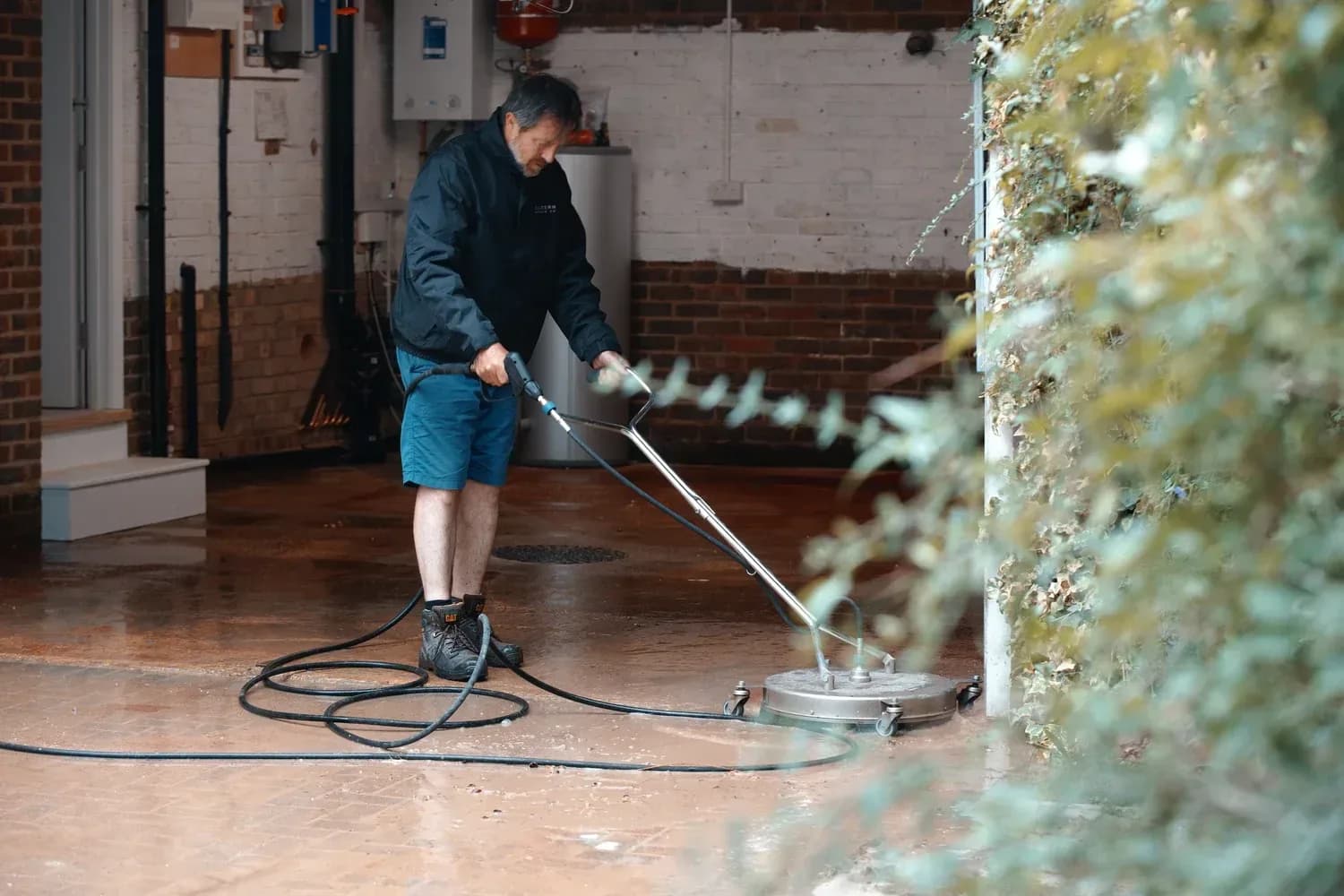 Operative running a rotary surface cleaner across a hard standing